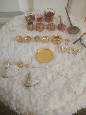 Vintage Miniature Copper & Brass Dollhouse Kitchen Set & Candles
